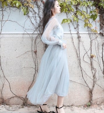 夏 秋 レディース ドレス ワンピース ブルー 透け感 シースルー 夏 秋 レディース ドレス ワンピース ブルー 透け感 シースルー