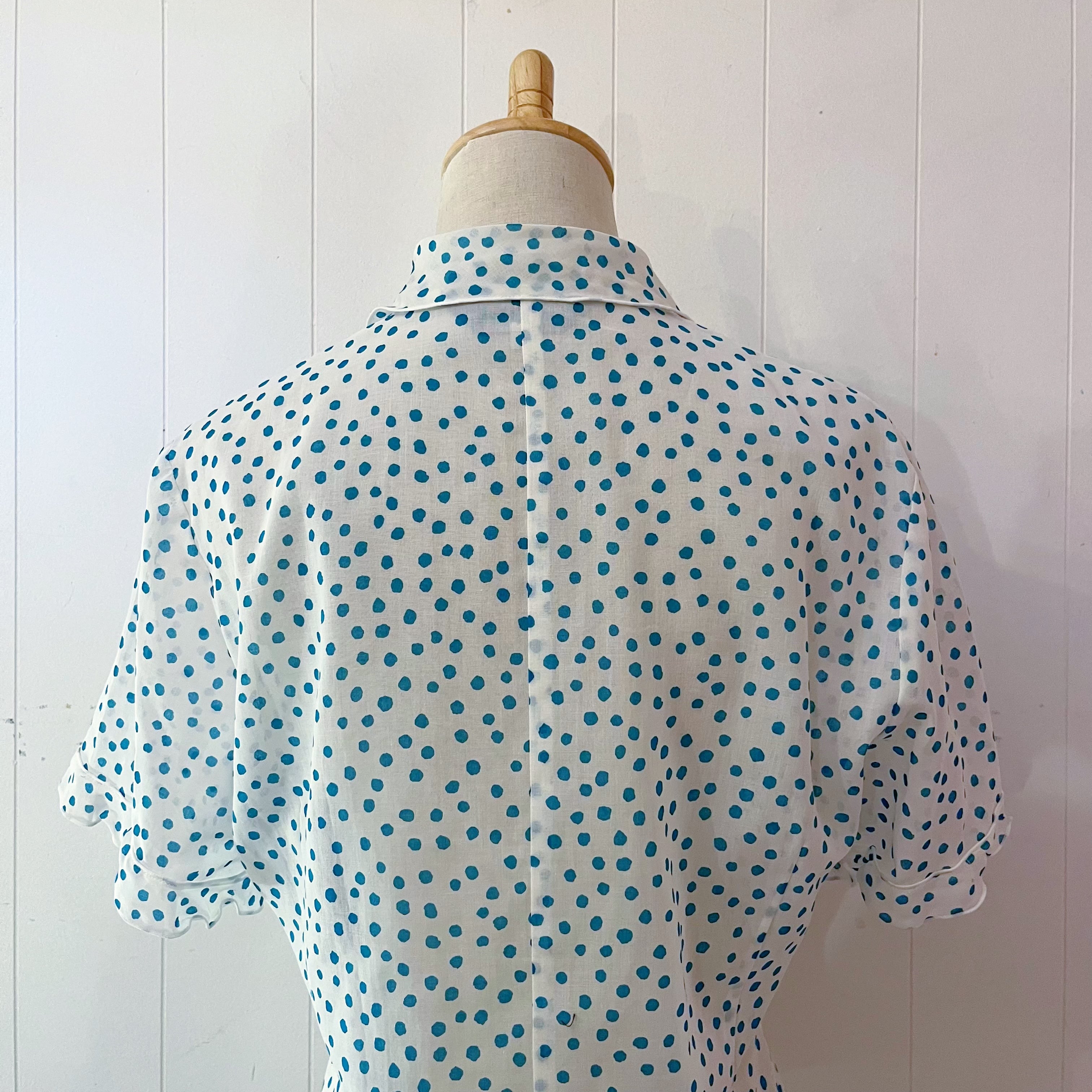 water blue dot frill blouse