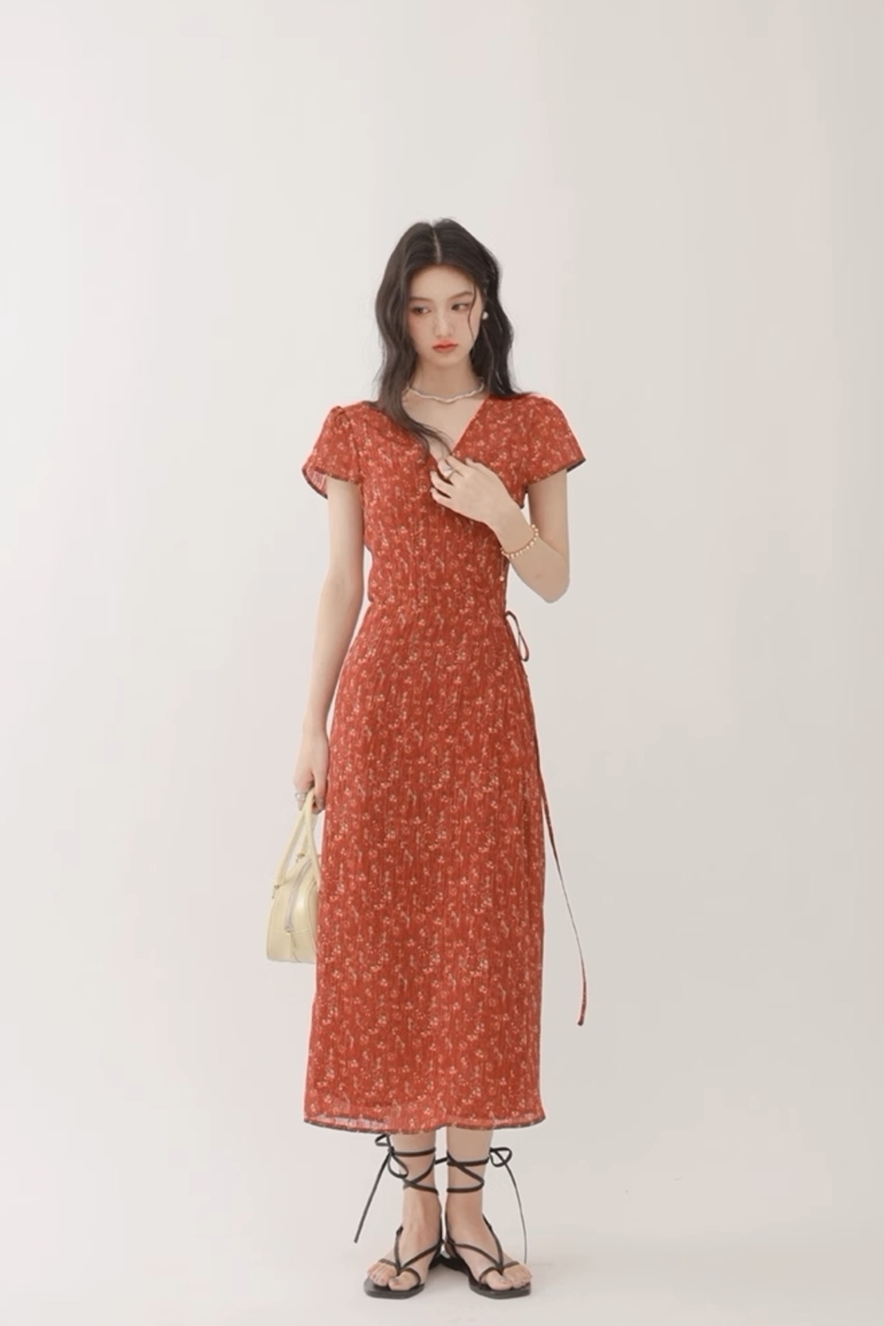 漢/Han ワンピース 漢服 チェリーレッド グラスグリーン クリーミーアプリコット パーティー 袖付き ロングスカート