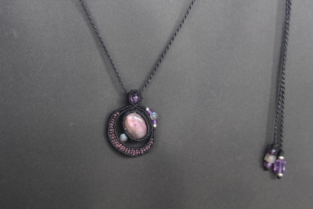 Purple Labradorite micro macrame moon pendant