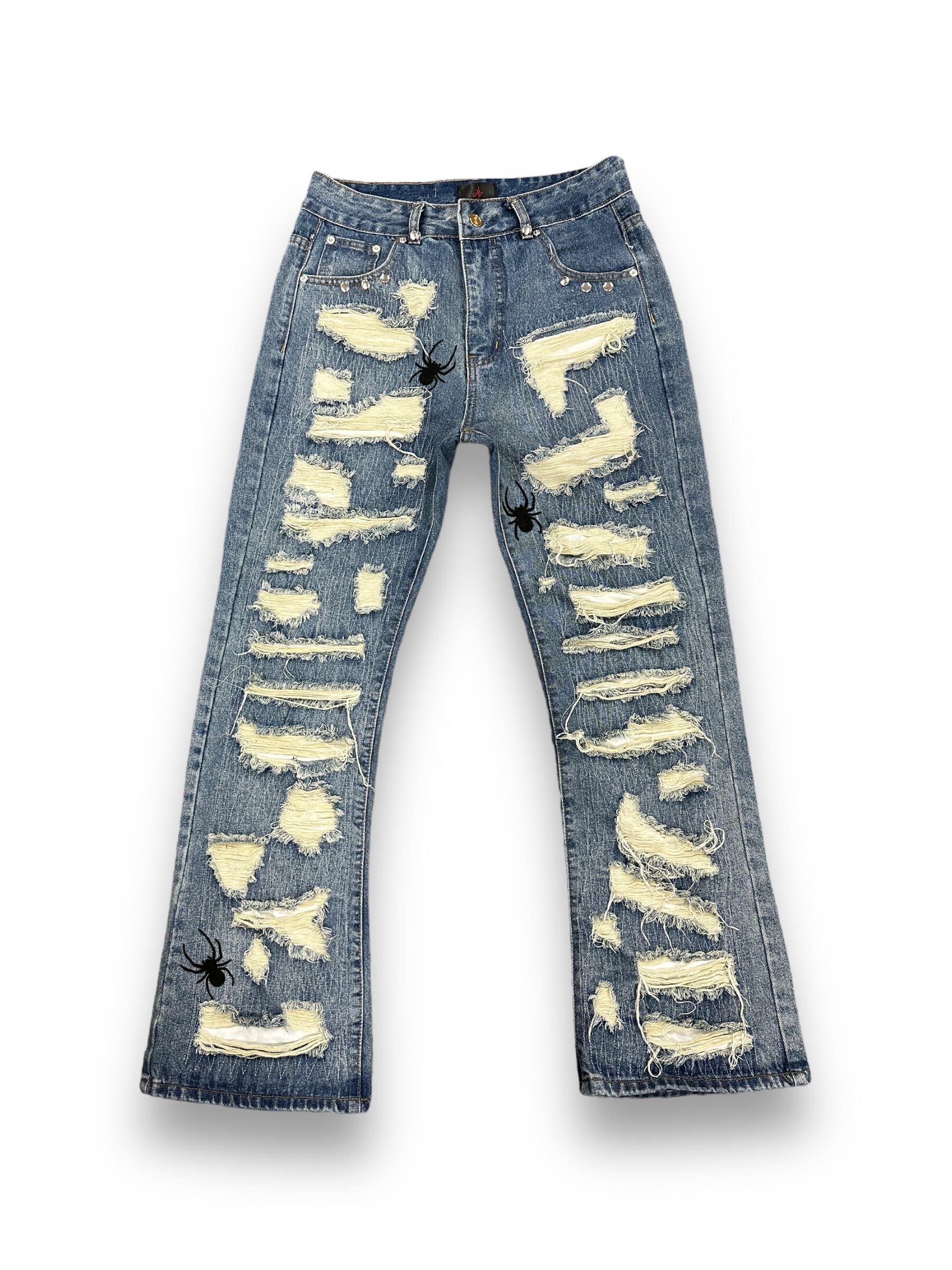 【DESTRUCION9】damage spider flare denim pants