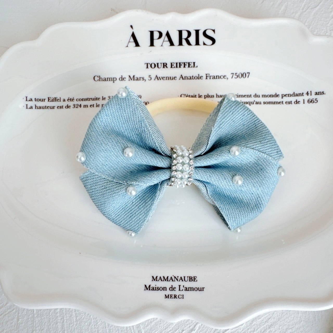 デニムパールリボンヘアバンド（後ろ支え付き）