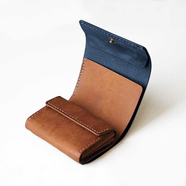 使いやすい 三つ折り財布【ブルー×ブラウン】レディース メンズ ブランド 鍵 小さい レザー 革 ハンドメイド 手縫い