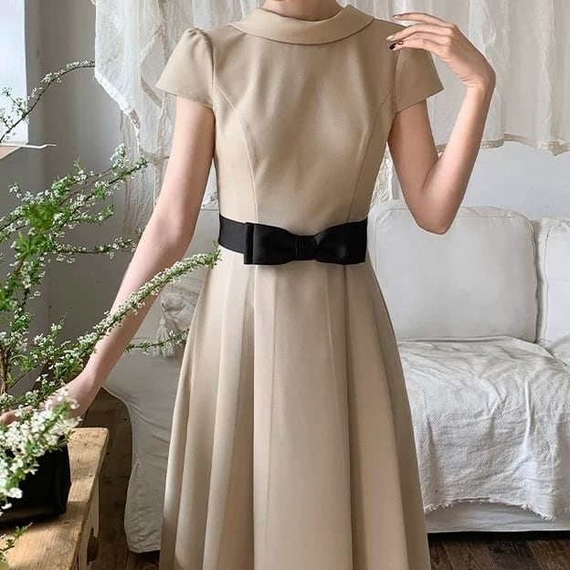 ロールカラーリボンフレアバイカラーワンピース | The boutique