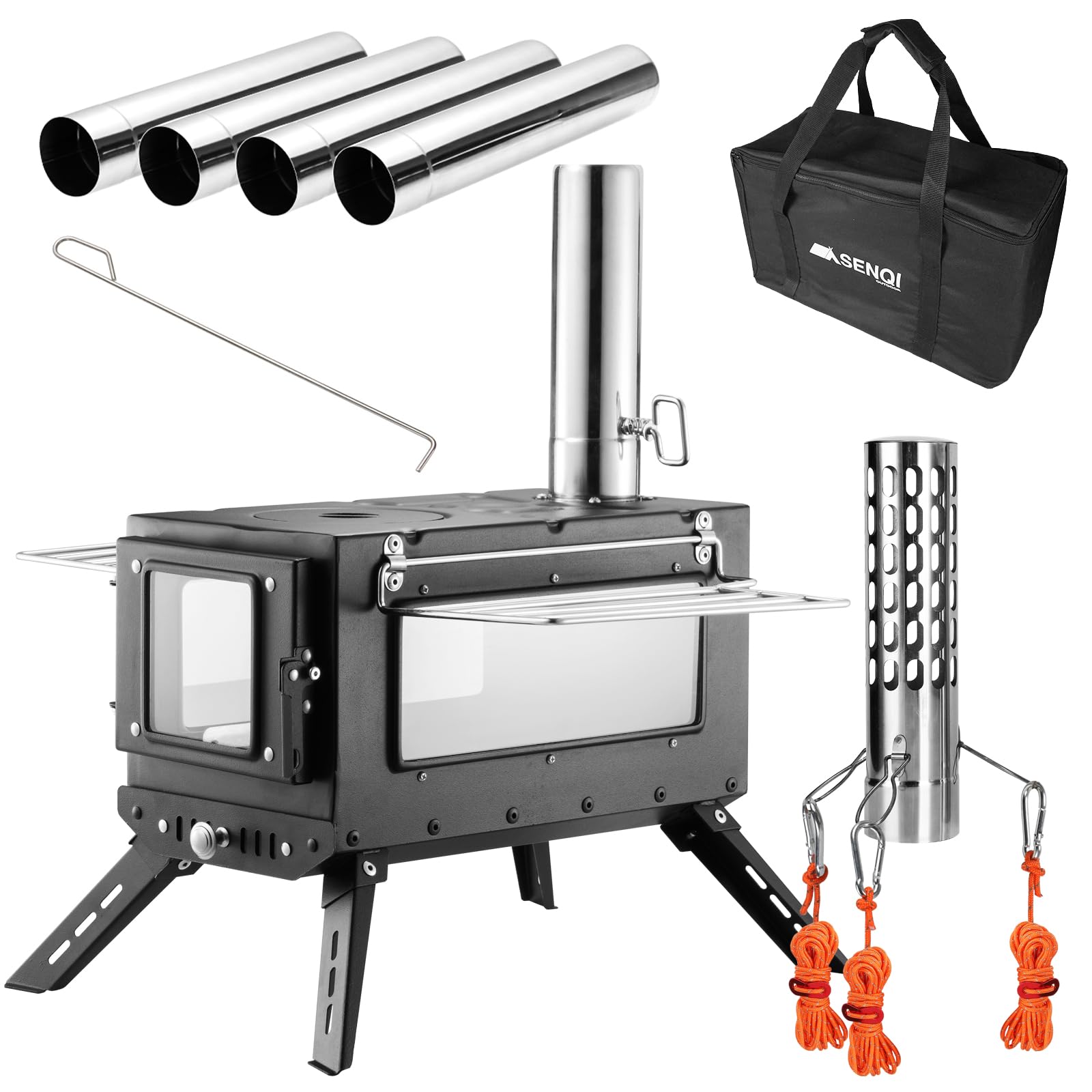 SENQI 薪ストーブ 折りたたみ キャンプ 耐熱ガラス・煙突・ス
