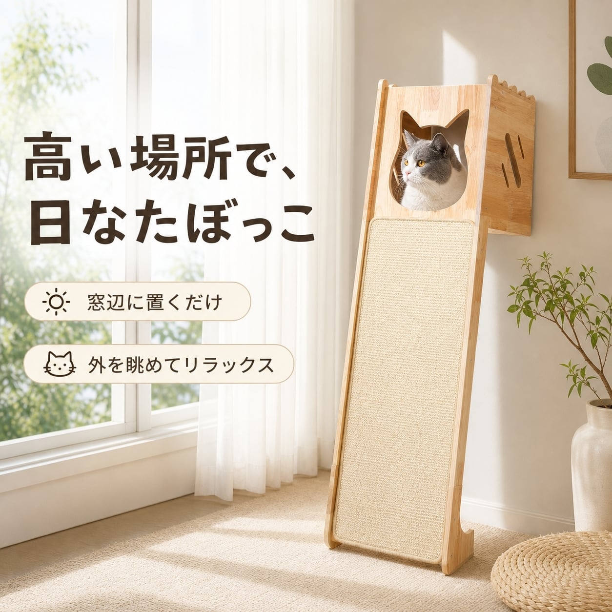 548 .壁際キャットタワー 天然木製 省スペース キャットハウス付き