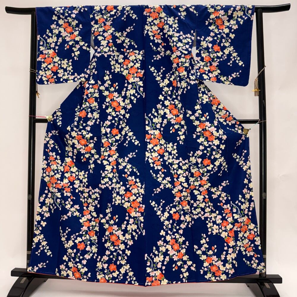 小紋 洗える着物 裄65.2cm 身丈160.8cm 花柄 袷 お洒落着 普段着 ポリエステル 青 美品 M サイズ 6800