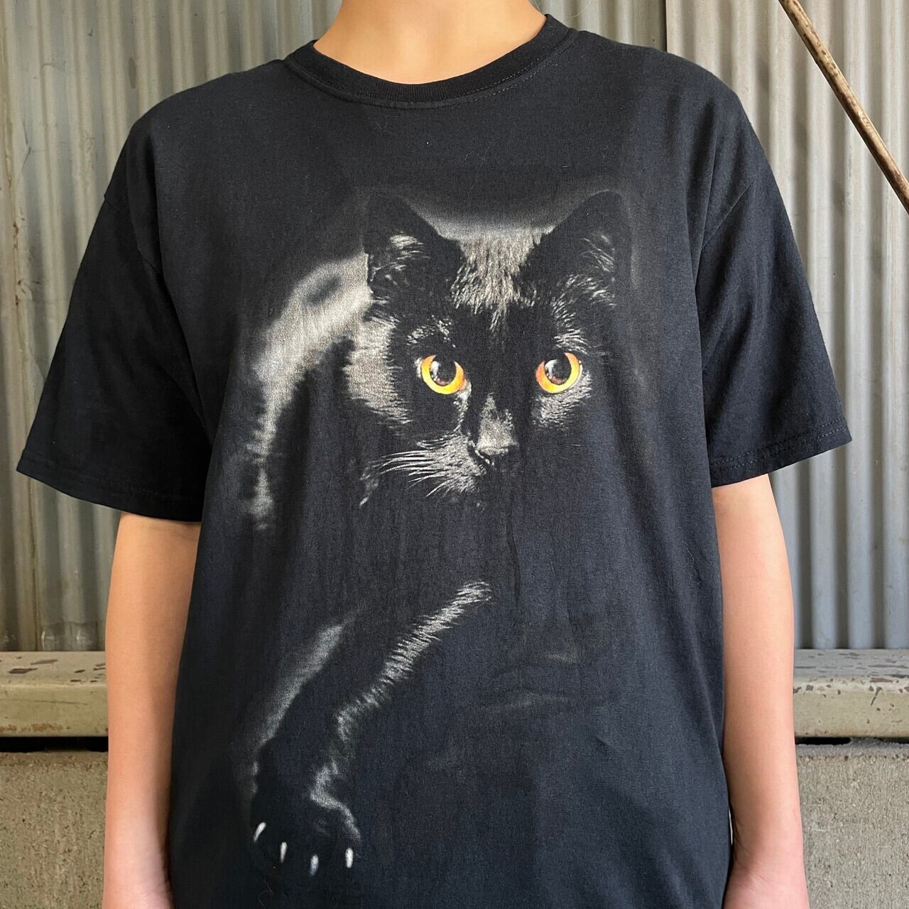 90sビンテージ◎USA製 猫Tシャツ フェード ブラック フルーツオブザルーム