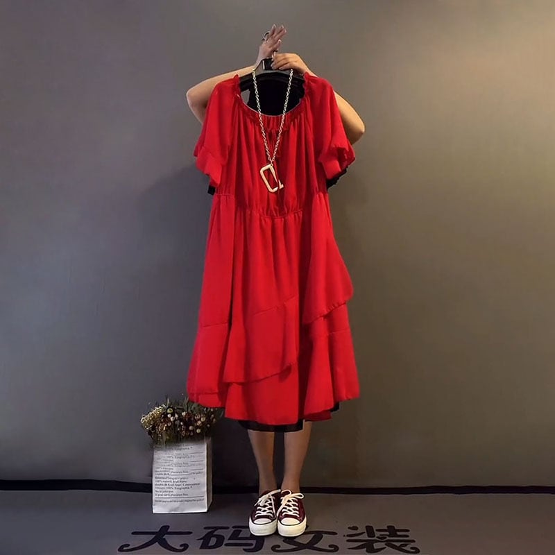 サマーストレッチラウンドネックショートルーズ薄手ドレス 半袖 ハーフスリーブ エラスティック 伸縮 大きめサイズ 夏物 Oネック ミックスインファッション60311681527