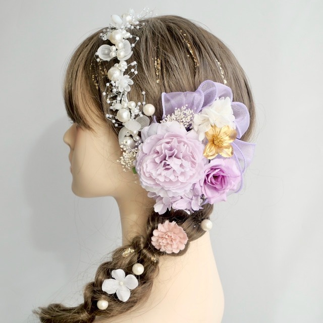 A128 ドライフラワー　パールカチューシャ　髪飾り　紫　ローズ　卒業式　袴　成人式　振袖　結婚式　和装