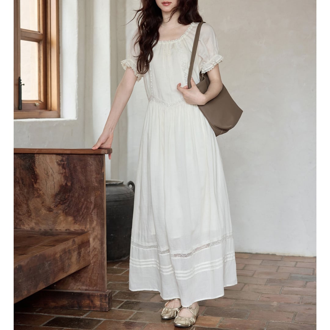 lace trim gathered long dress