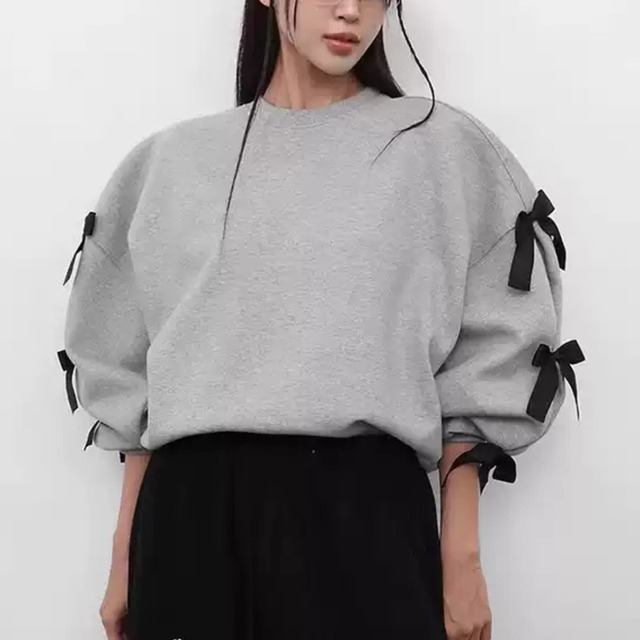 リボンスリーブ ルーズ トレーナー-グレー