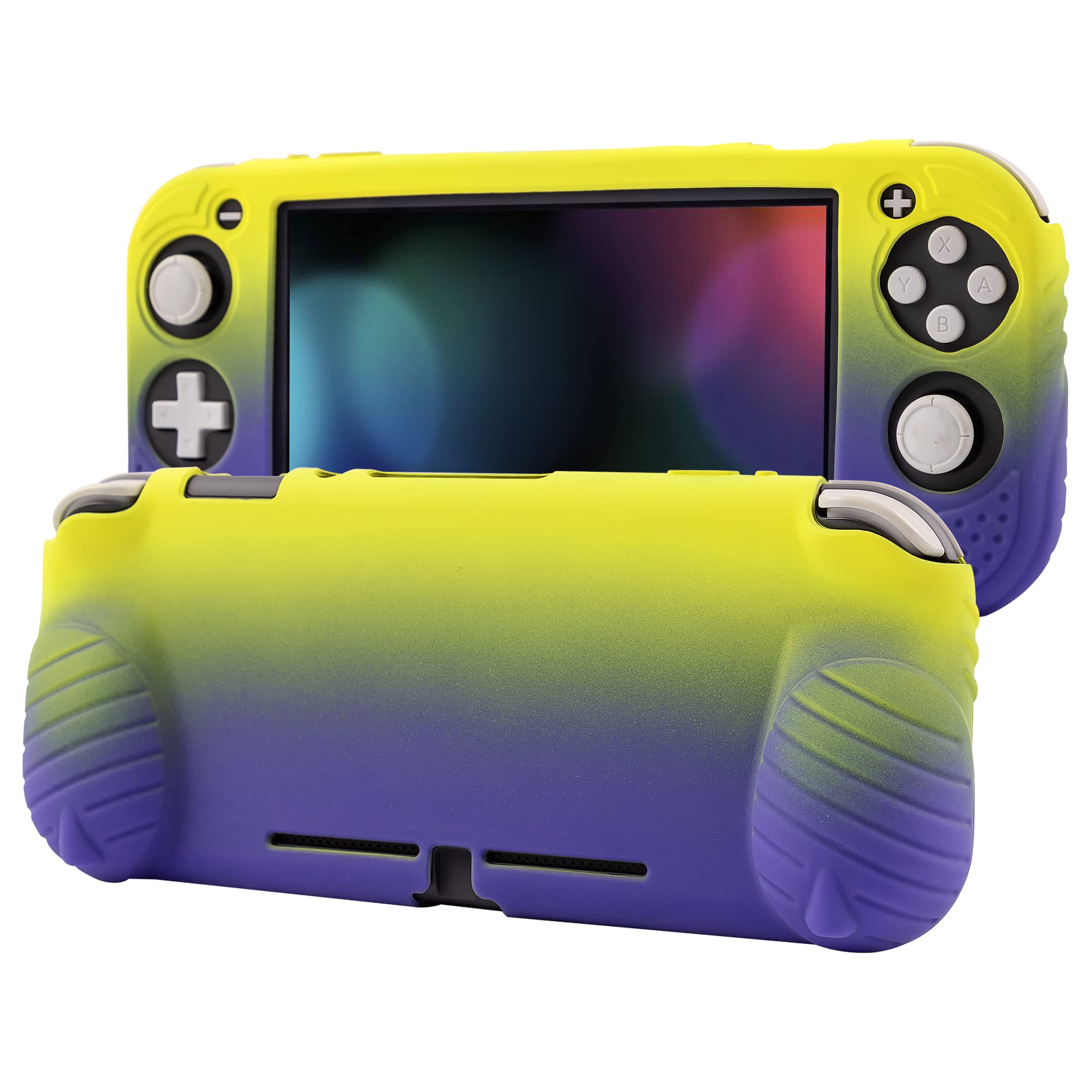 switch liteカバー スイッチライト ケース シリコン素材 ソフトカバー 柔らかい 一体式 全面保護 耐衝撃 特殊ハンドル 薄型軽量 快適な手触り 着脱簡単 防水防塵 スタンド機能 スティックカバー4つ付き(紫・黄)