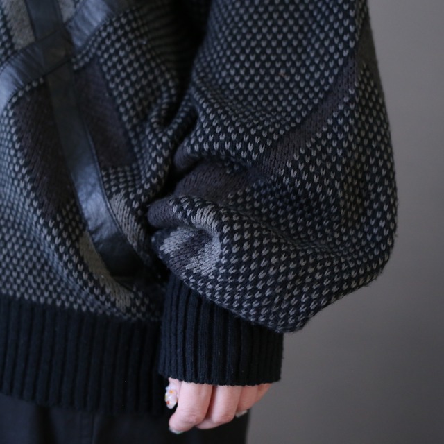fake leather taping design mode knit sweater