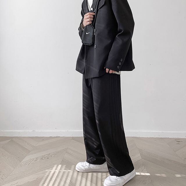 【予約販売】ワイドパンツ スエット メンズ ボトムス サイドライン シンプル くすみカラー グリーン ブラック スエット ストリート スタイリッシュ こなれ感 カジュアル 部屋着 韓国 トレンド 春 夏 秋 S/M/L/XL/2XL