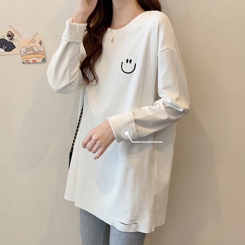 ルーズプリントホワイトベルベットTシャツ シャツ レディーススプリングトップス ロング 春物 スーパーモール8088179188