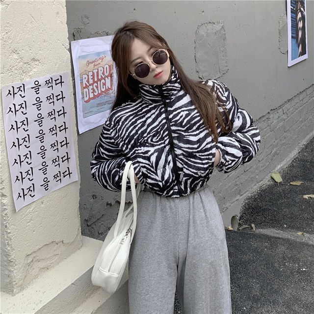 短いスタイル コットンの服 スタンドカラー 長袖 ジッパー ライン 伸縮性ウエスト ゼブラ柄 個性 オシャレ