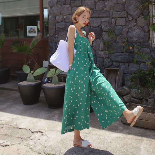ジャンプスーツ レディース 大きいサイズ S M L XL ドット 水玉 夏 ロング丈 ワイドパンツ オーバーオール グリーン 緑  サスペンダー ルーズ 10代 20代 大人可愛い エレガント