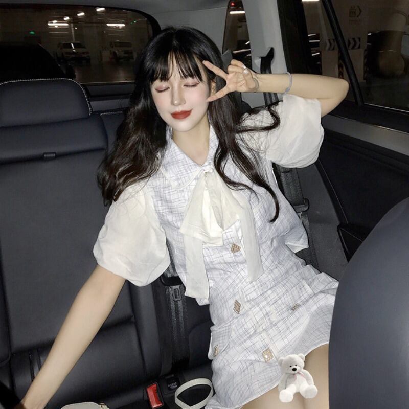 2020リトル湘郷スーツ蝶結びパフスリーブトップボタンウエストハーフレングススカート年齢を減らしたツーピースセット YY-ファッション15457344145