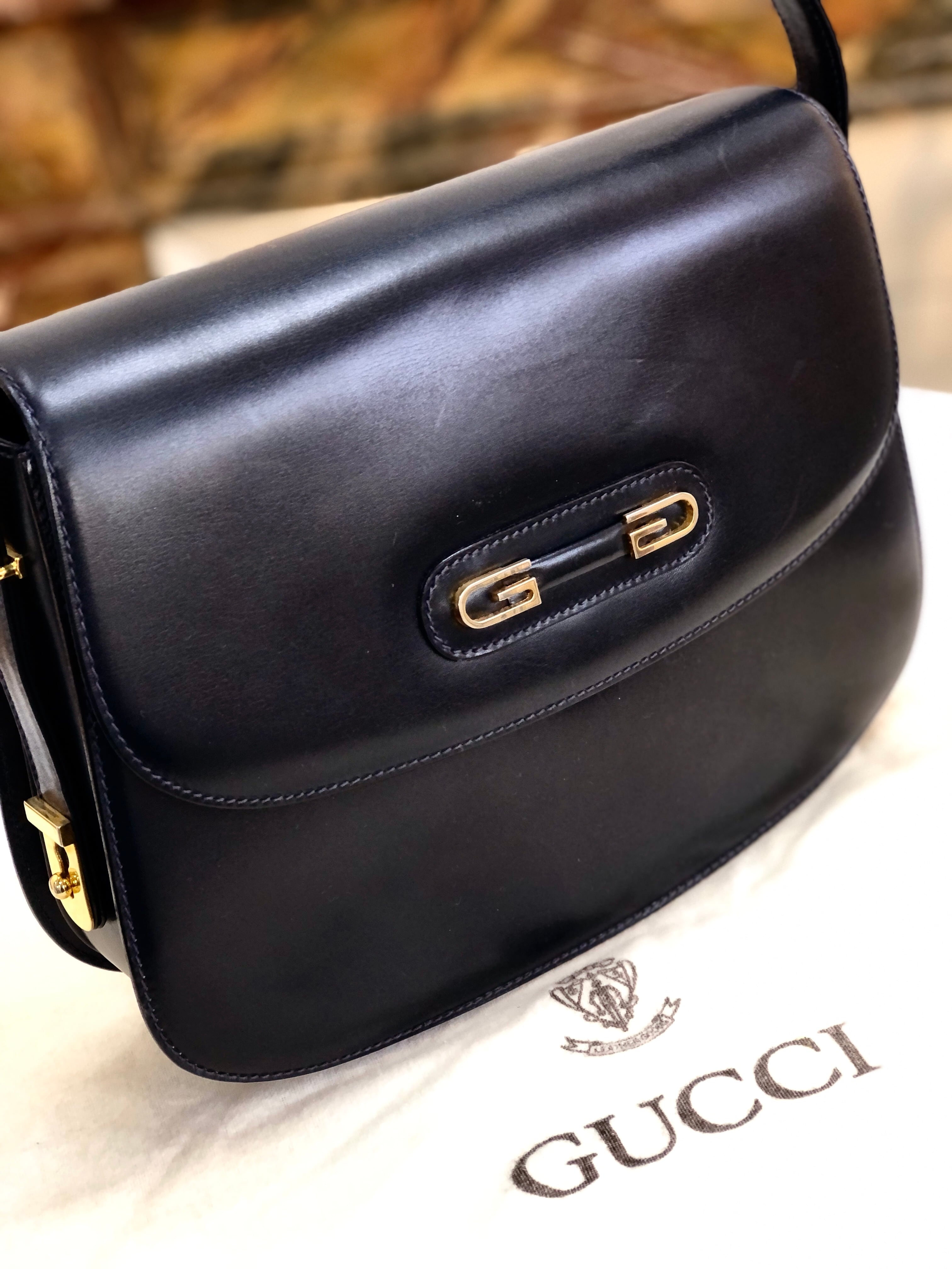 GUCCI グッチ GGモチーフ レザー ショルダーバッグ ネイビー vintage