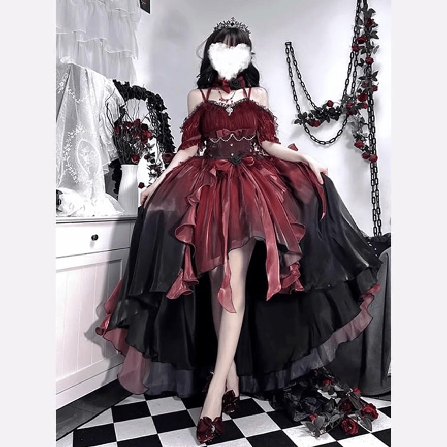 即納 レッド M ロリィタドレス スカートカバー付き コンカフェ衣装 ステージ衣装