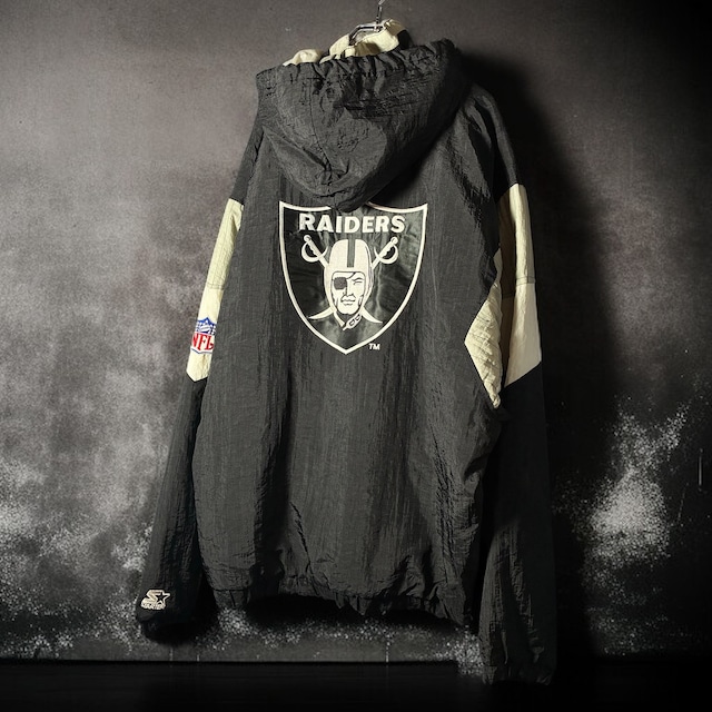 90s STARTER NFL RAIDERS ナイロンアノラックフーディー　黒　レイダース　スターター　ビッグサイズ