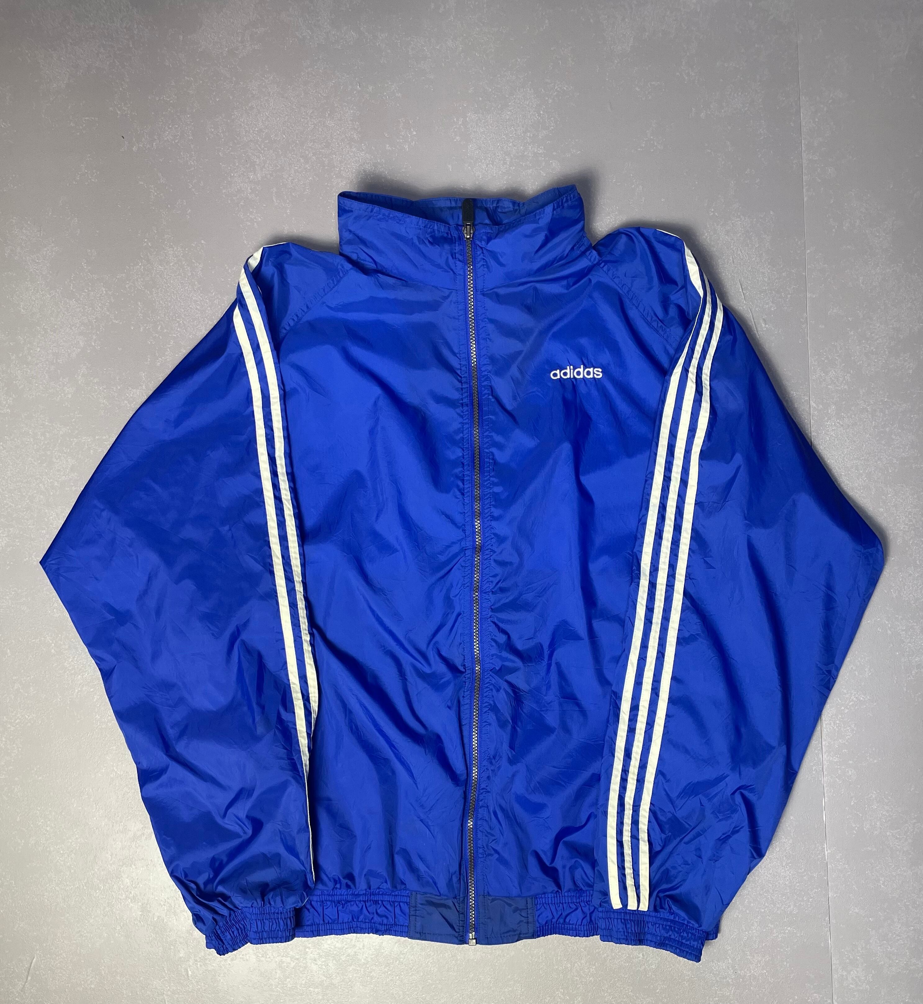 90年代 adidas アディダス ナイロンジャケット メンズXL相当 古着 90S ビンテージ ヴィンテージ 刺繍 フード収納型 ブルーパープル【ナイロンジャケット】