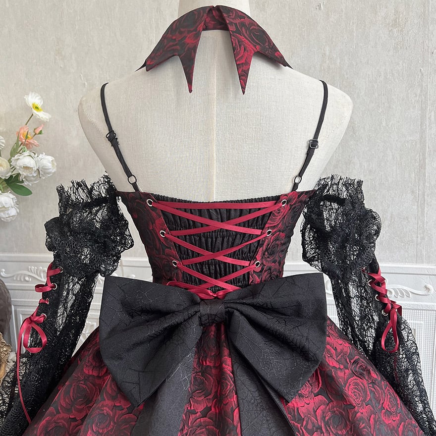 ゴスロリ ワンピース 薔薇×花柄×レース ノースリーブ コンカフェ向け