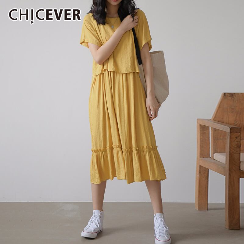 CHICEVERパッチワークフリルドレス女性Oネック半袖ルーズプリーツサマードレス2020 ショート ハーフスリーブ ラッフル 夏物 6base540473974664