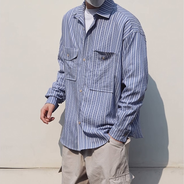 ★STRIPED RETRO WORK SHIRT A0811