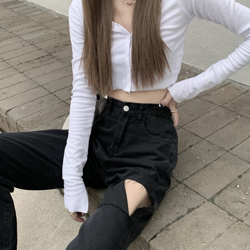 ブラックハイウェストジーンズ オータムルーズパンツ カジュアル 秋物 ガールズファッション96468717671