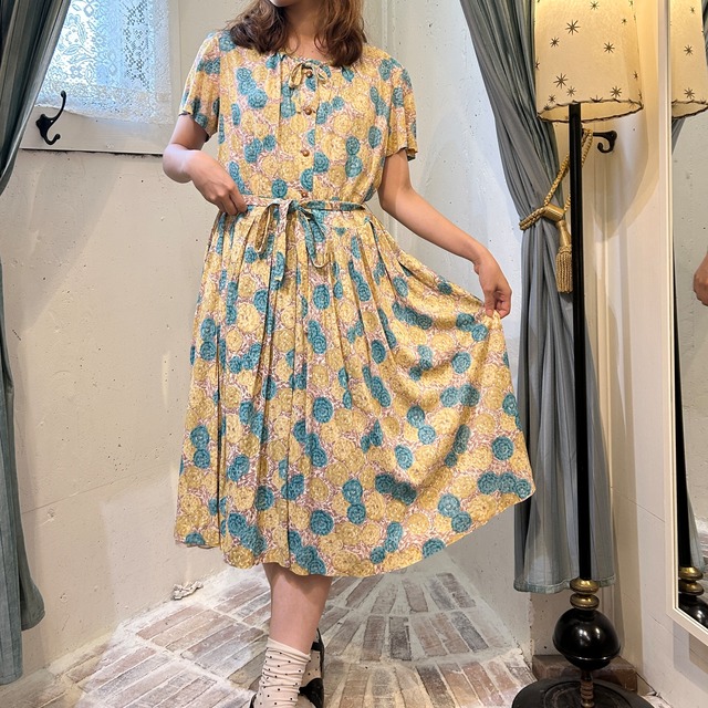 50s yellow×blue flower print dress