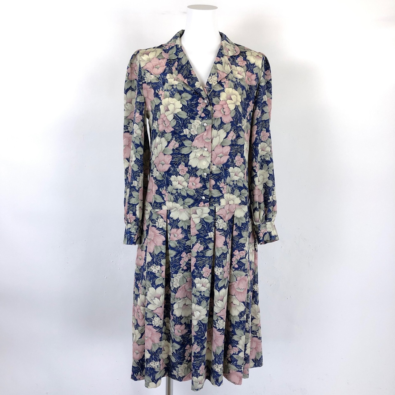 ワンピース 花柄 ドットジャガード 長袖 ガーリー 古着 ヴィンテージ  