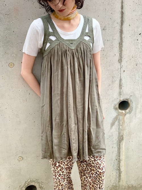 Vintage Olive Color Embroidered Camisole Dress 