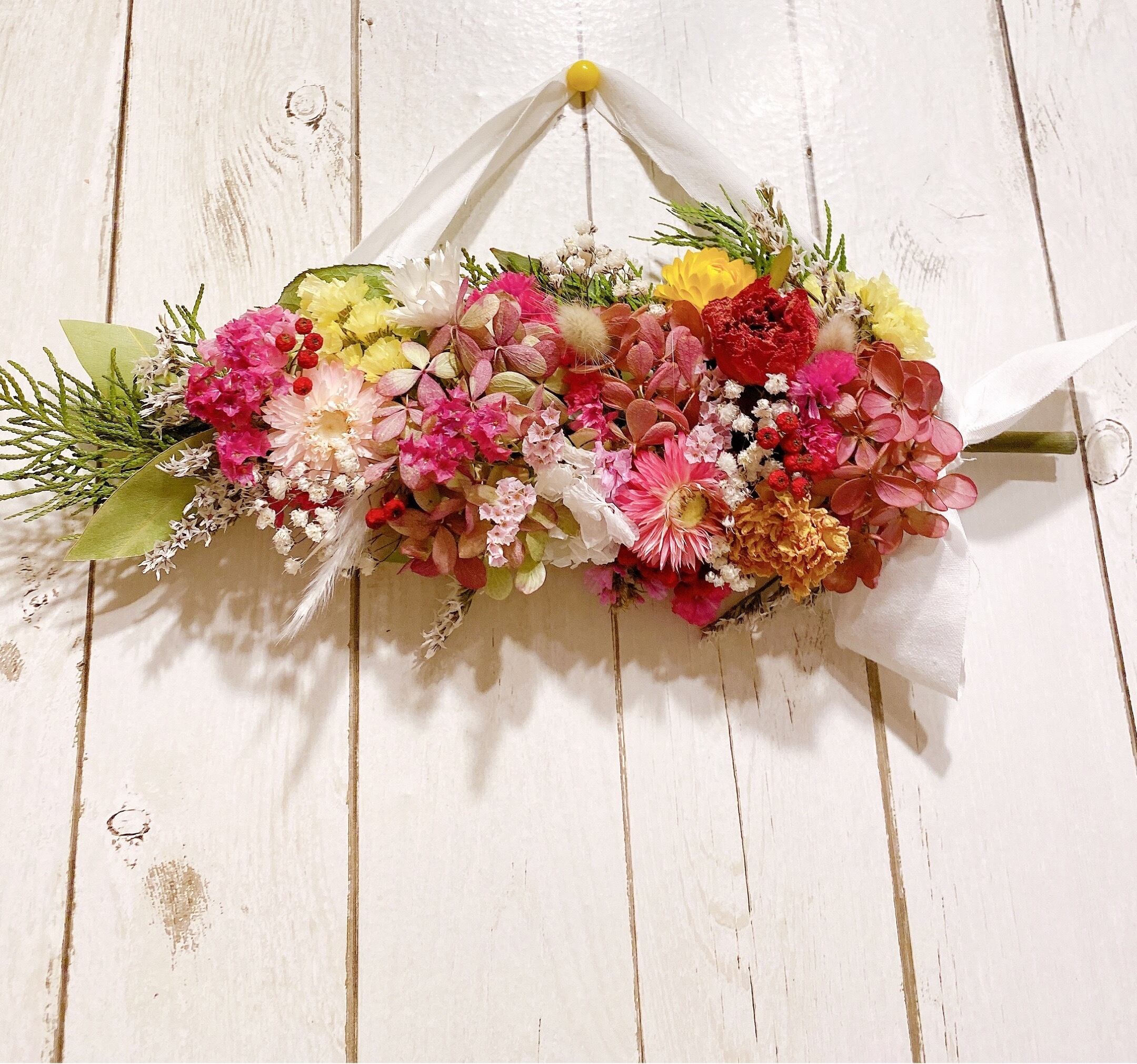 秋色紫陽花のドライフラワー横長スワッグ