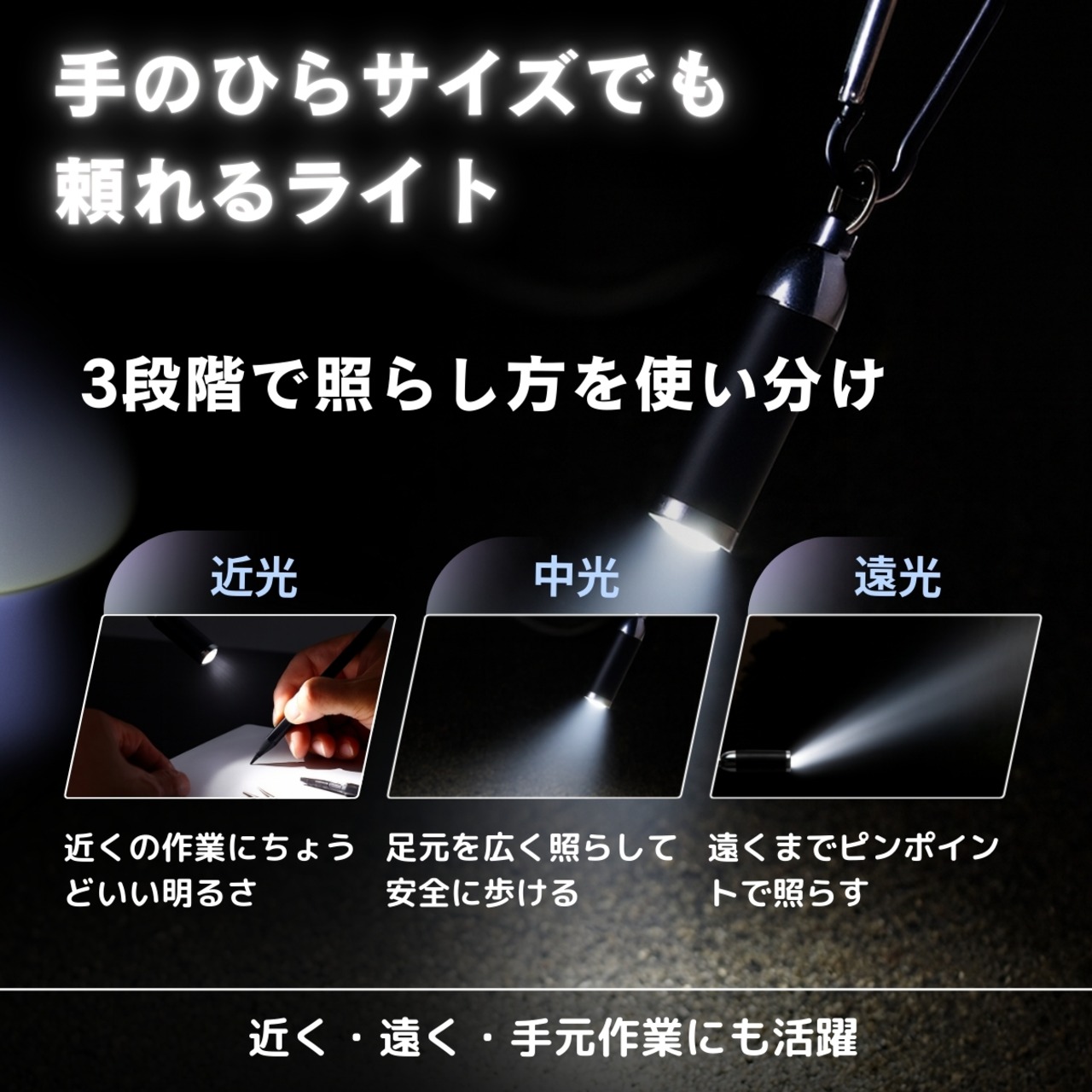 超軽量15g・40ルーメンLEDライト｜カラビナ付き携帯懐中電灯・防災アウトドア用白色ライト