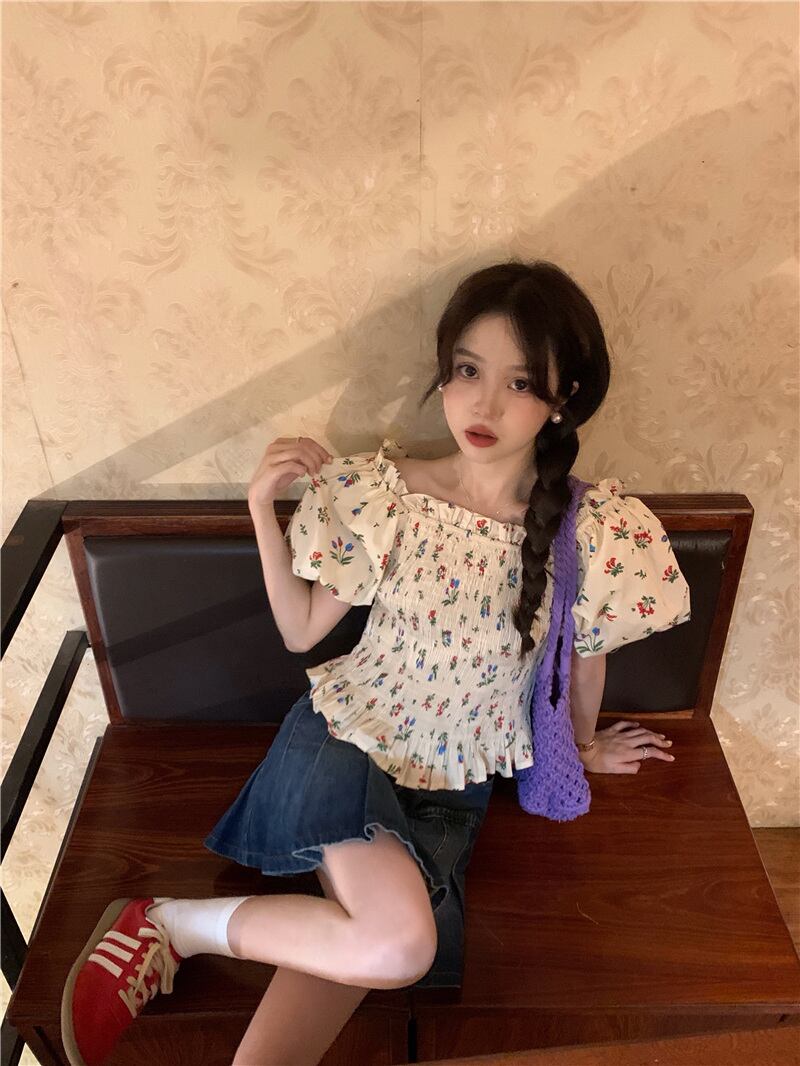 可愛い 花柄プリント パフスリーブ 優しい トップス シャツ ブラウス