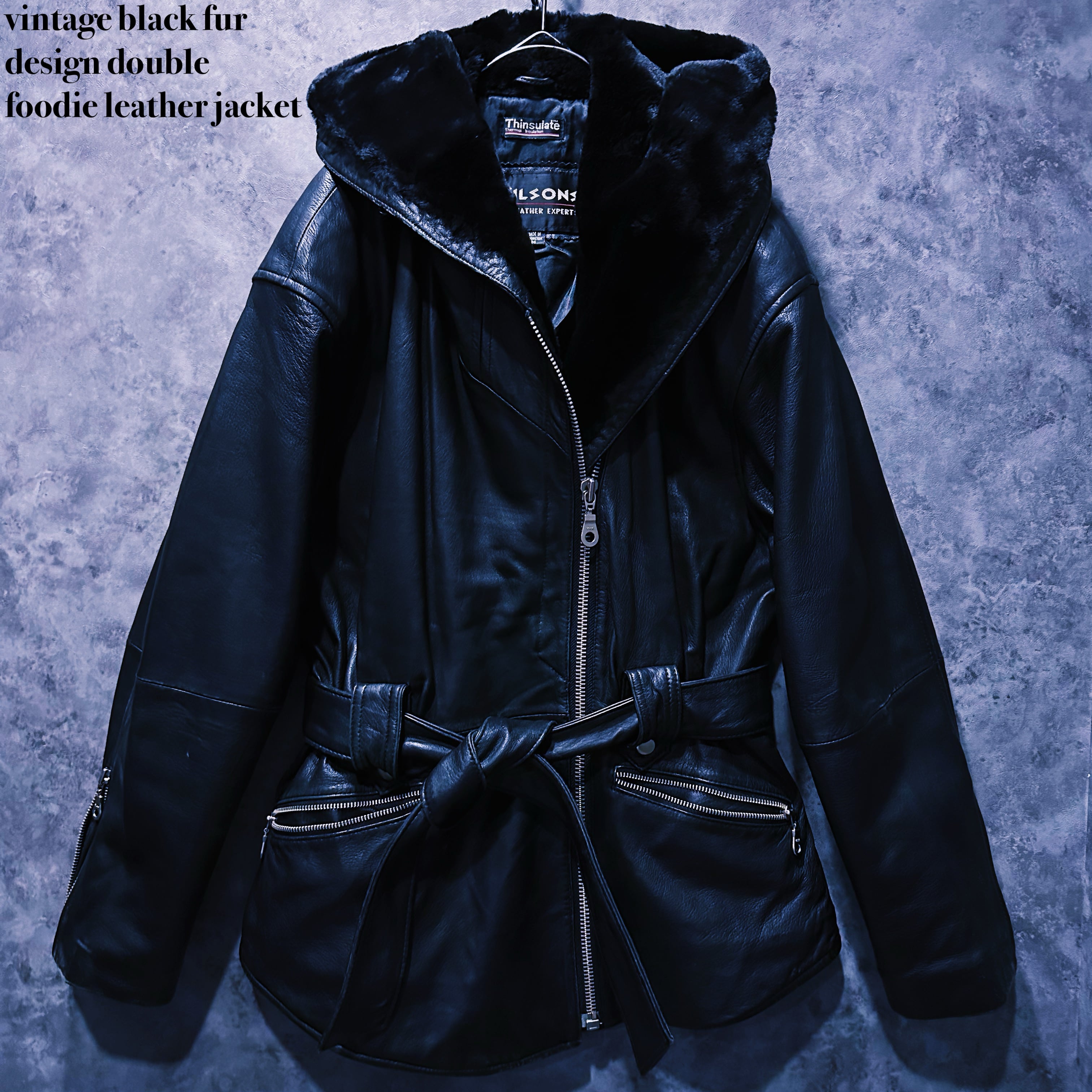 【doppio】vintage black fur design double foodie leather jacket
