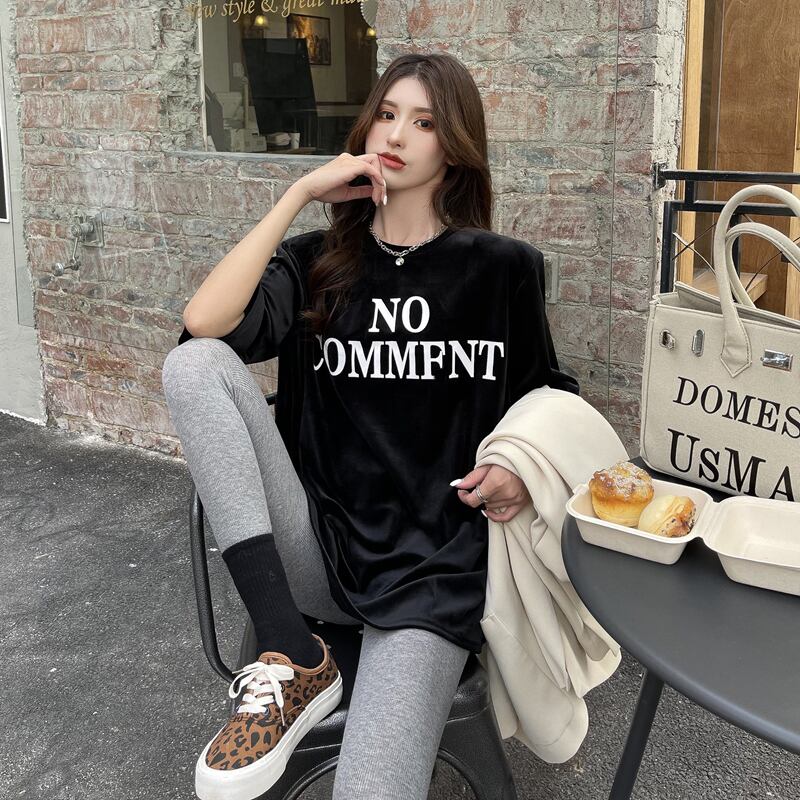 Tシャツ シャツ レディーススプリングブラックベルベットルーズトップス 春物 ブラックストロベリース28530096030