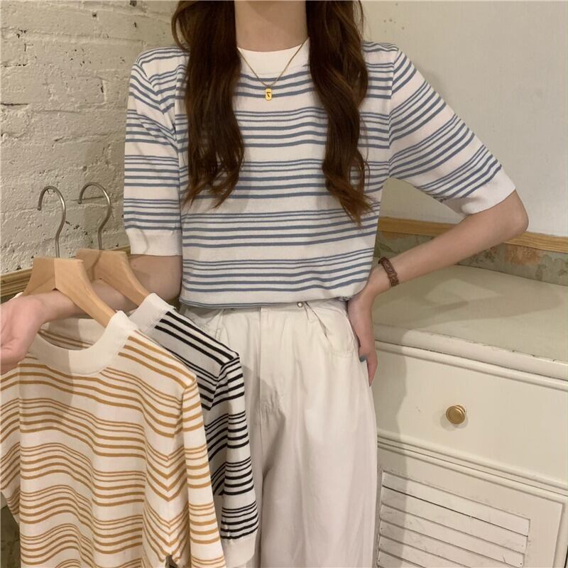 トップス サマーTシャツ 薄手ルーズストライプショートニット 夏物 1号婦人4854149671