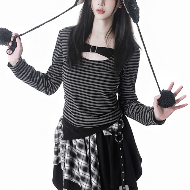 ロングスリーブボーダーストレッチストラップトップス（lli_6534）