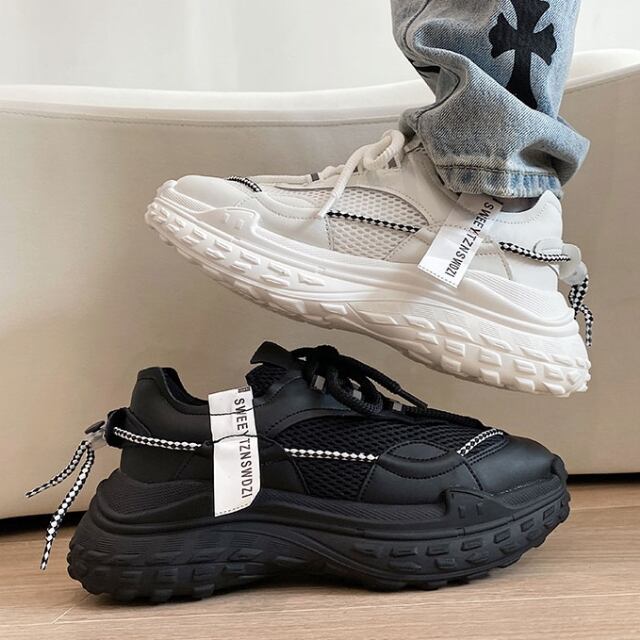 【予約販売】スニーカー 韓国 メンズ ダッドスニーカー ユニセックス 厚底 靴 ブラック ホワイト デザイン スポーティ お洒落 カジュアル ストリート 23cm/23.5cm/24cm/24.5cm/25cm/25.5cm/26cm/26.5cm