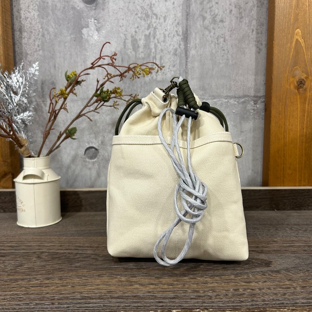 -＊ 2WAY巾着ショルダー ＊- 専用紐・横Dカン付き【サンドベージュ】