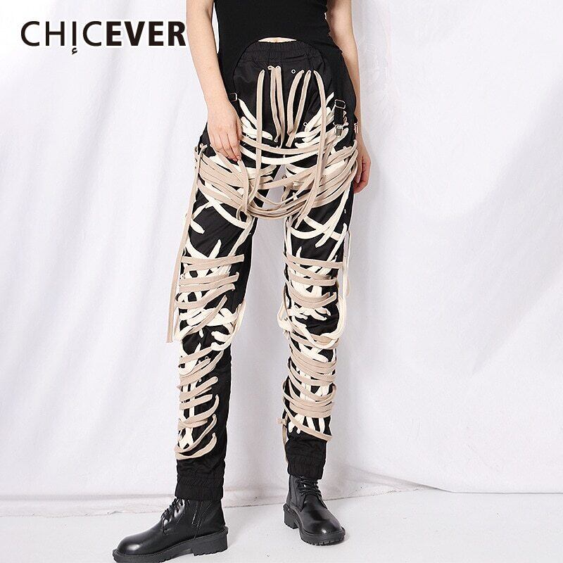 CHICEVERヒットカラーパンツ女性巾着パッチワーク包帯ウエストストリートウェアパンツ2021服タイド 6base572088260717