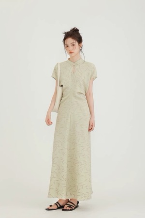 春の竹葉/Spring Bamboo グリーン ワンピース 夏物 袖付き 半袖 チャイナドレス ハイウエスト ラウンドネック ロングスカート