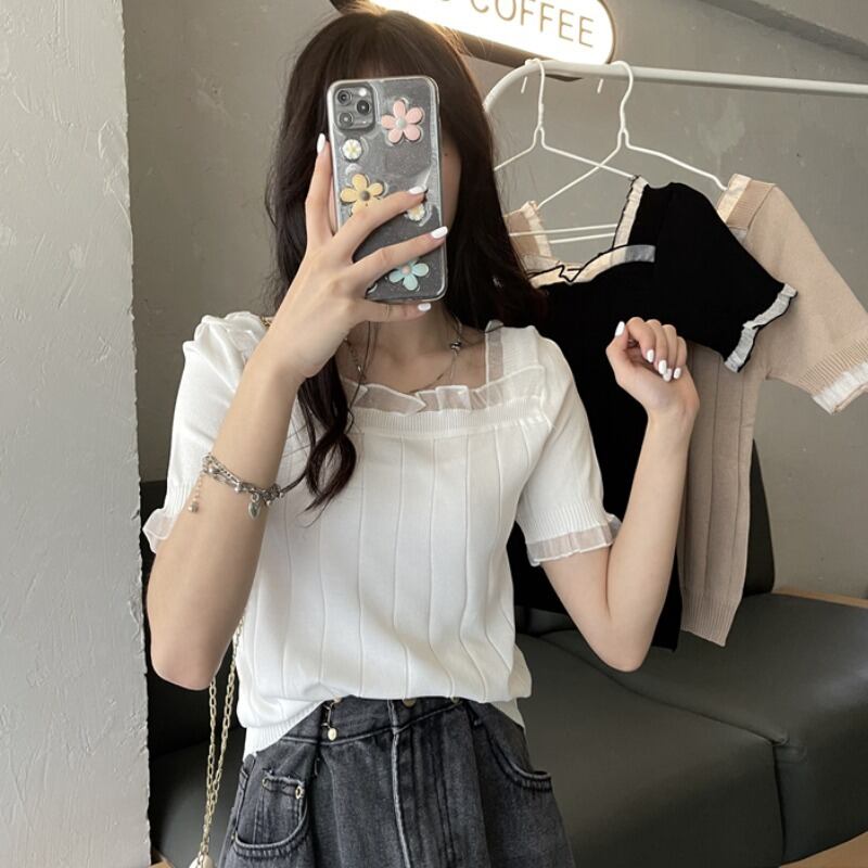 レースショートセーター レディースサマー薄手ルーズホワイトトップス 夏物 シルク スクウェア ステッチ YY-ファッション60075694739