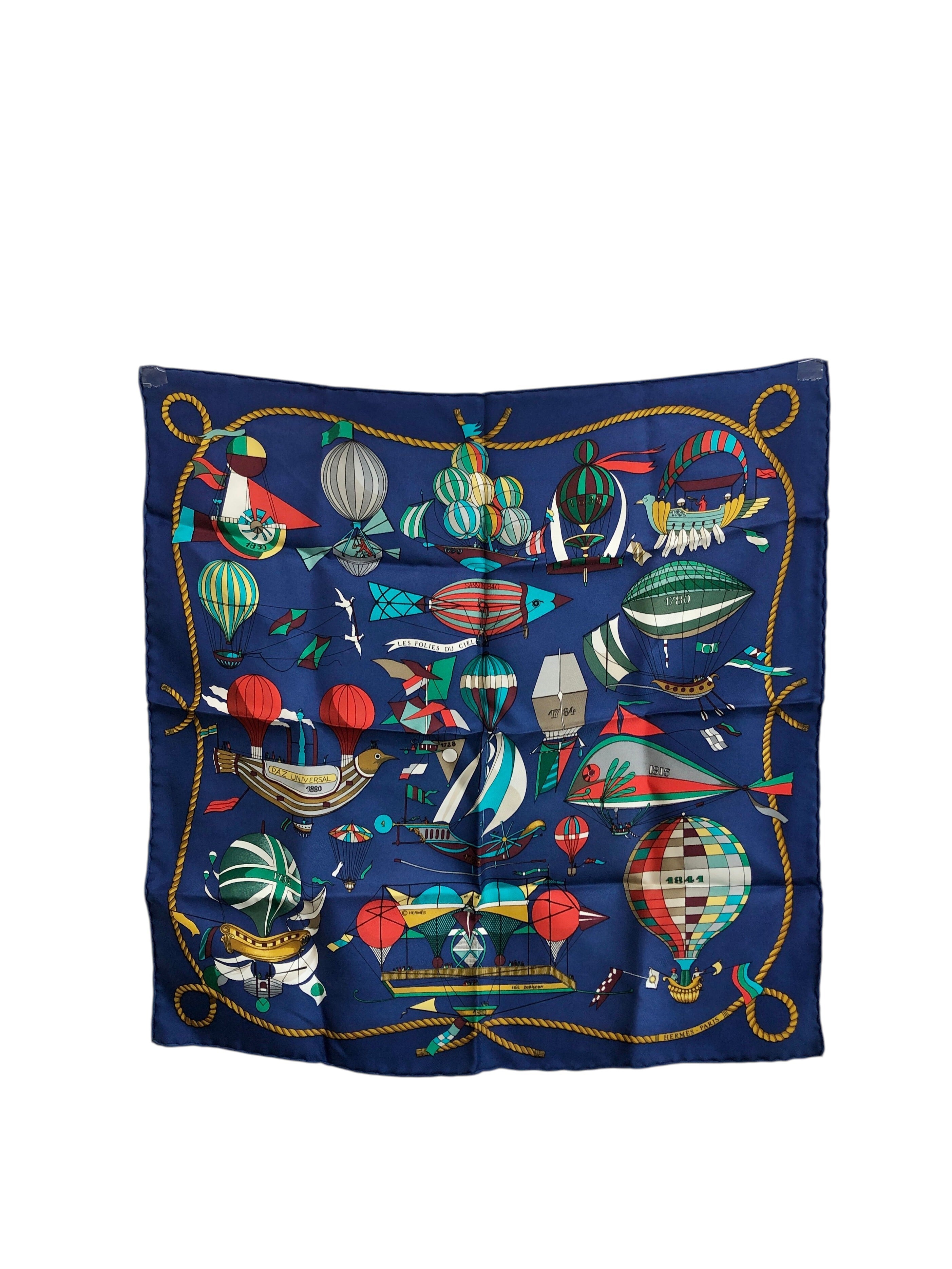 HERMES エルメス スカーフ ブルー balloon motif シルク LES FOLIES DU CIEL(大空の狂気) カレ40 vintage ヴィンテージ オールド 38gzh5