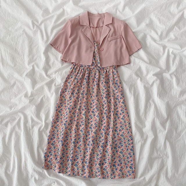 セットアップ 花柄 ワンピース キャミ 夏 秋 かわいい 韓国ファッション ピンク シャツ 591