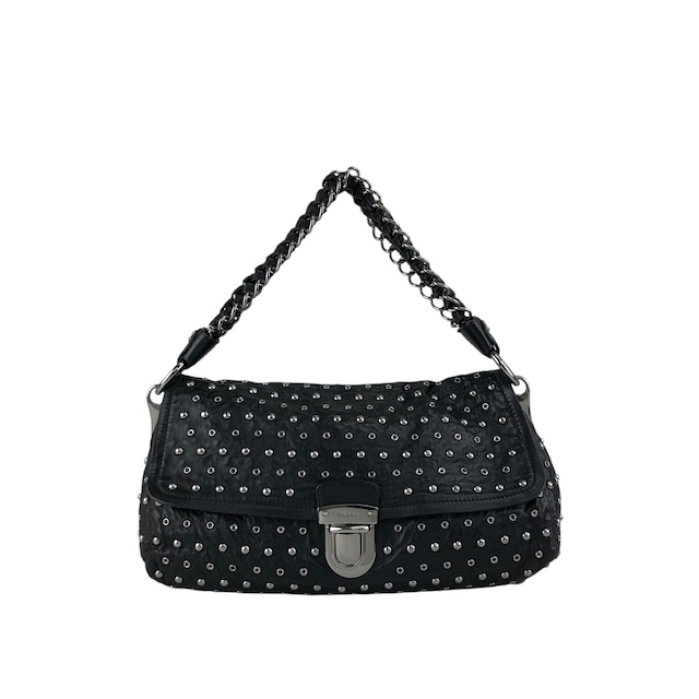 PRADA プラダ ショルダーバッグ ブラック プッシュロック レザー スタッズ セミショルダー vintage ヴィンテージ オールド mh4vuk