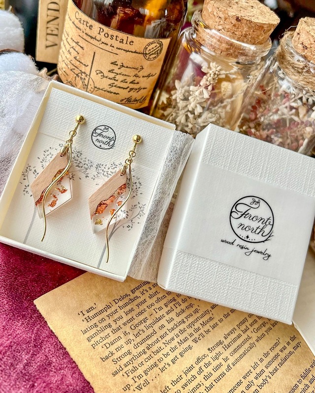 【銅箔】ダイヤのウッドレジンピアス＆イヤリング